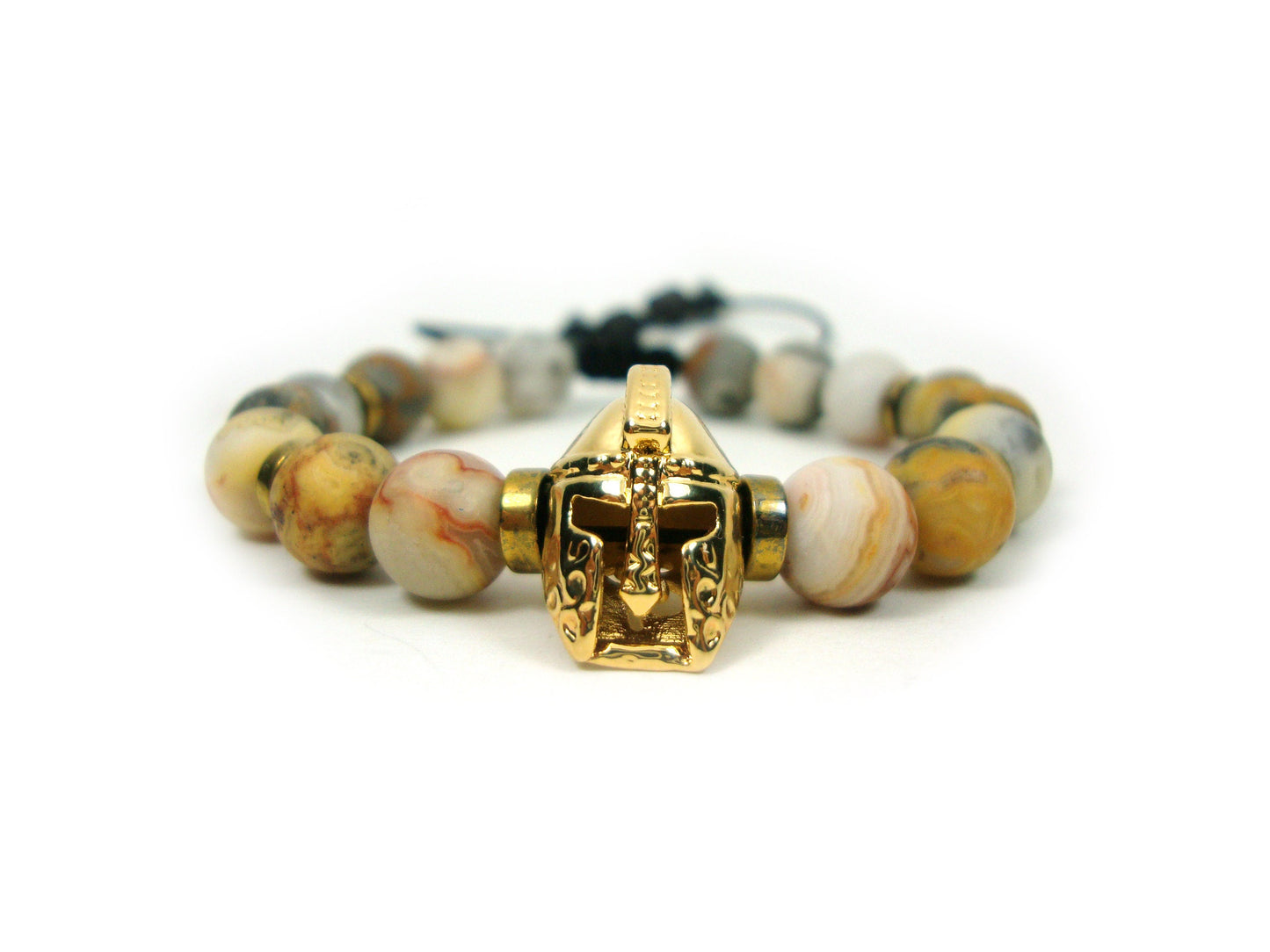 Greek Earth Tone Agate Spartan Warrior Helmet Gold Plated Adjustable Bracelet, Round Agate Stones 8 mm Bracelet, Gladiator Souvenir Bracelet