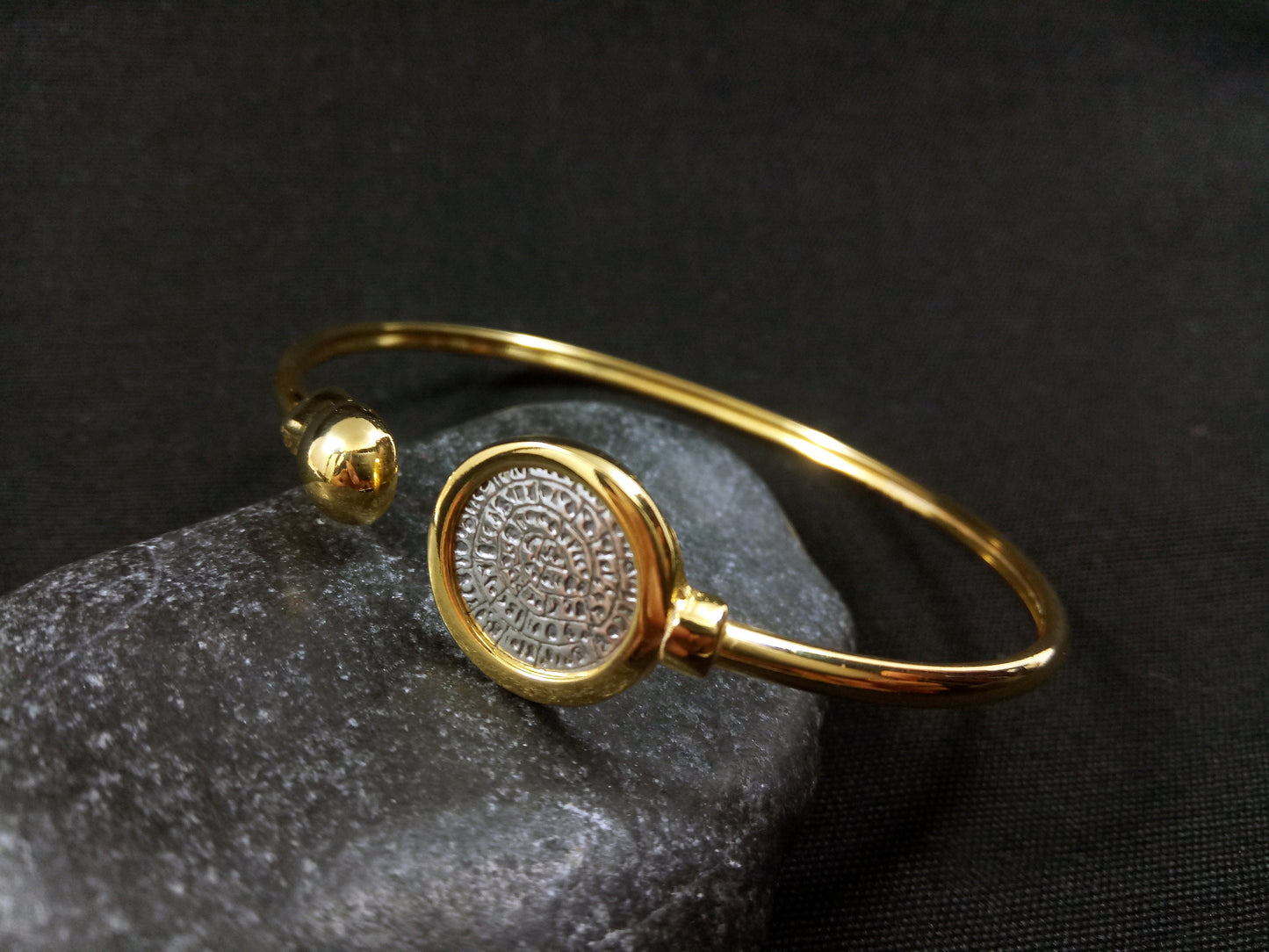 Sterling Silver 925 Minoan Phaistos Disc Gold Plated Bitone Silver Bangle Greek Bracelet, Greek Silver Jewelry, Bracelet Bijoux Grecque