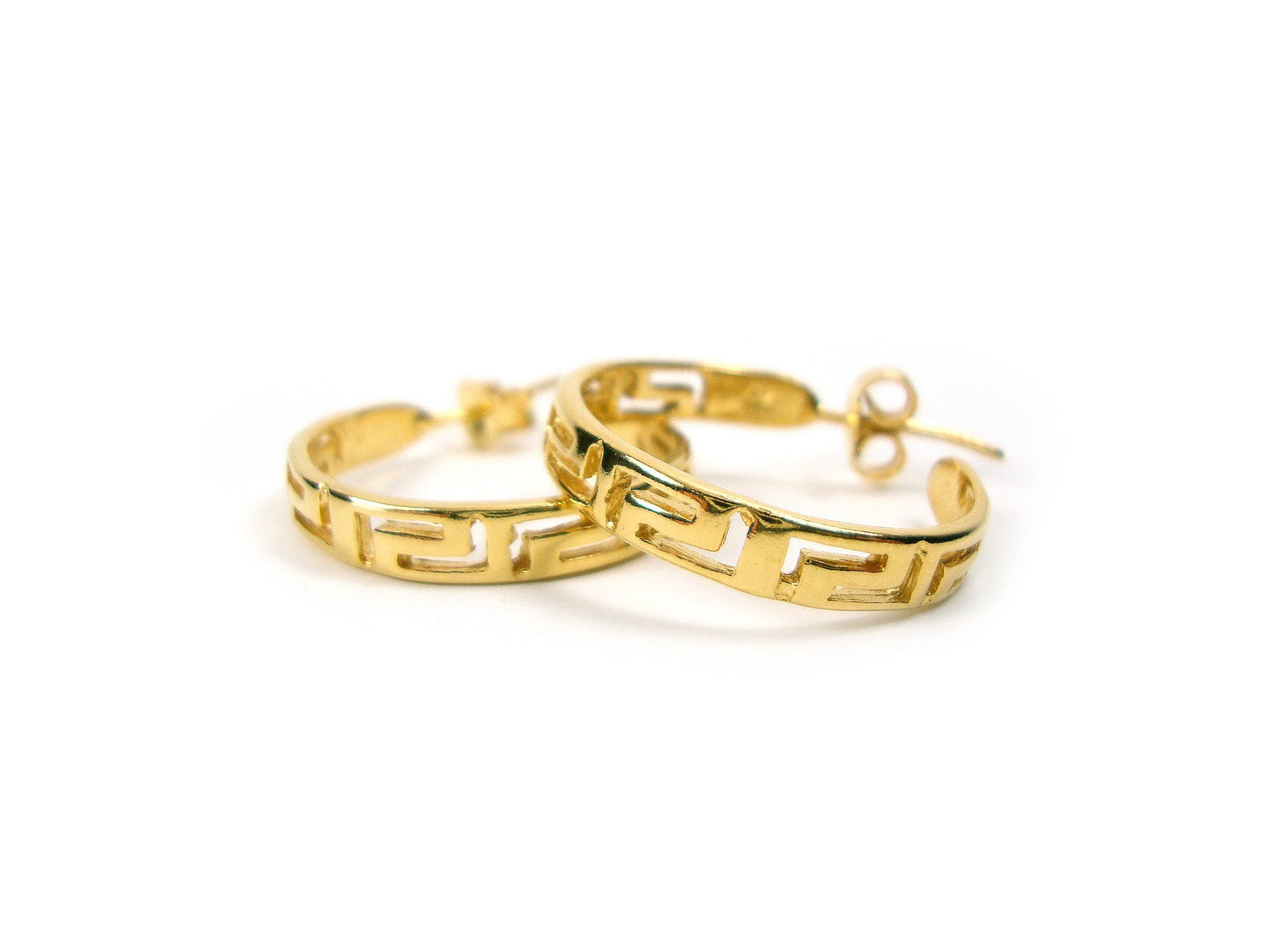 Sterling Silver 925 Greek Earrings , Greek Eternity Key Gold Plated Hoop Earrings 21mm , Griechische Ohrringe ,Boucles d'oreilles grecques