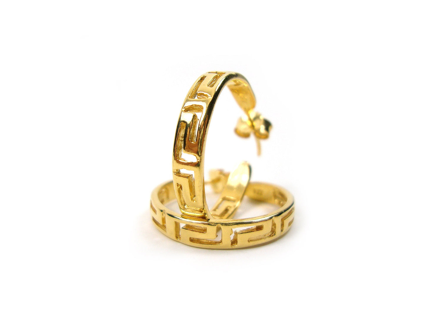 Sterling Silver 925 Greek Earrings , Greek Eternity Key Gold Plated Hoop Earrings 21mm , Griechische Ohrringe ,Boucles d'oreilles grecques