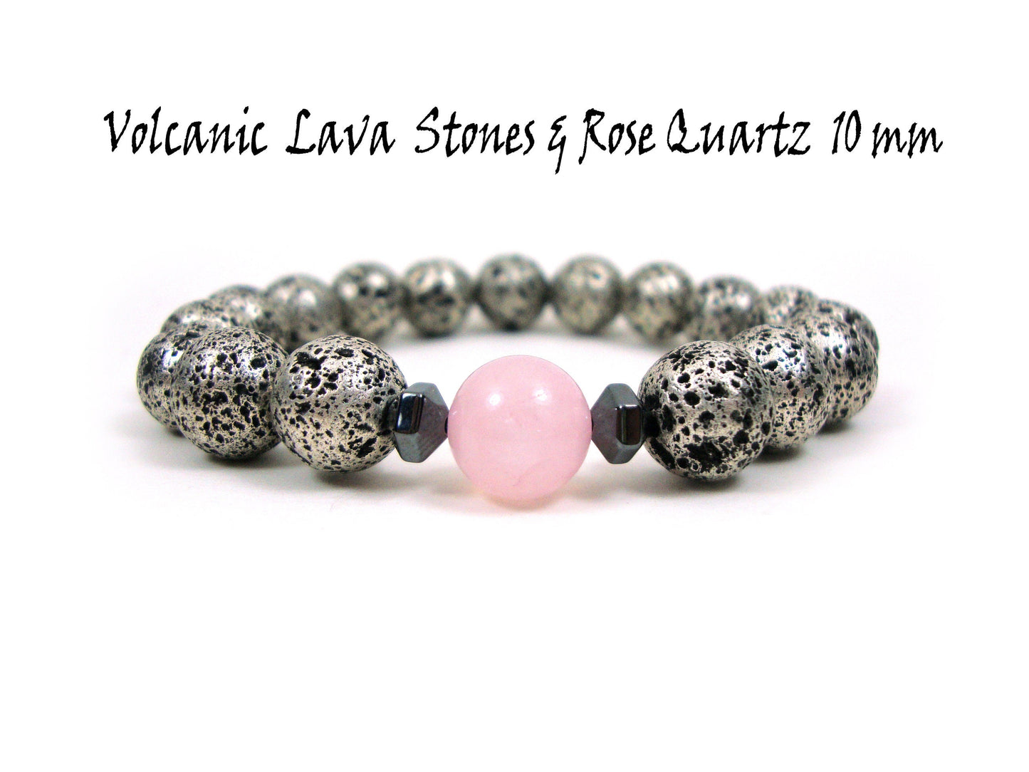 Natural Volcanic Greek Santorini Lava & Rose Quartz Stones 10mm Bracelet, Silver Color Lava Stones, Lava Bracelet, Mens Womens Lava Bracelet