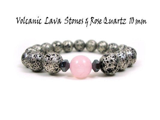 Natural Volcanic Greek Santorini Lava & Rose Quartz Stones 10mm Bracelet, Silver Color Lava Stones, Lava Bracelet, Mens Womens Lava Bracelet