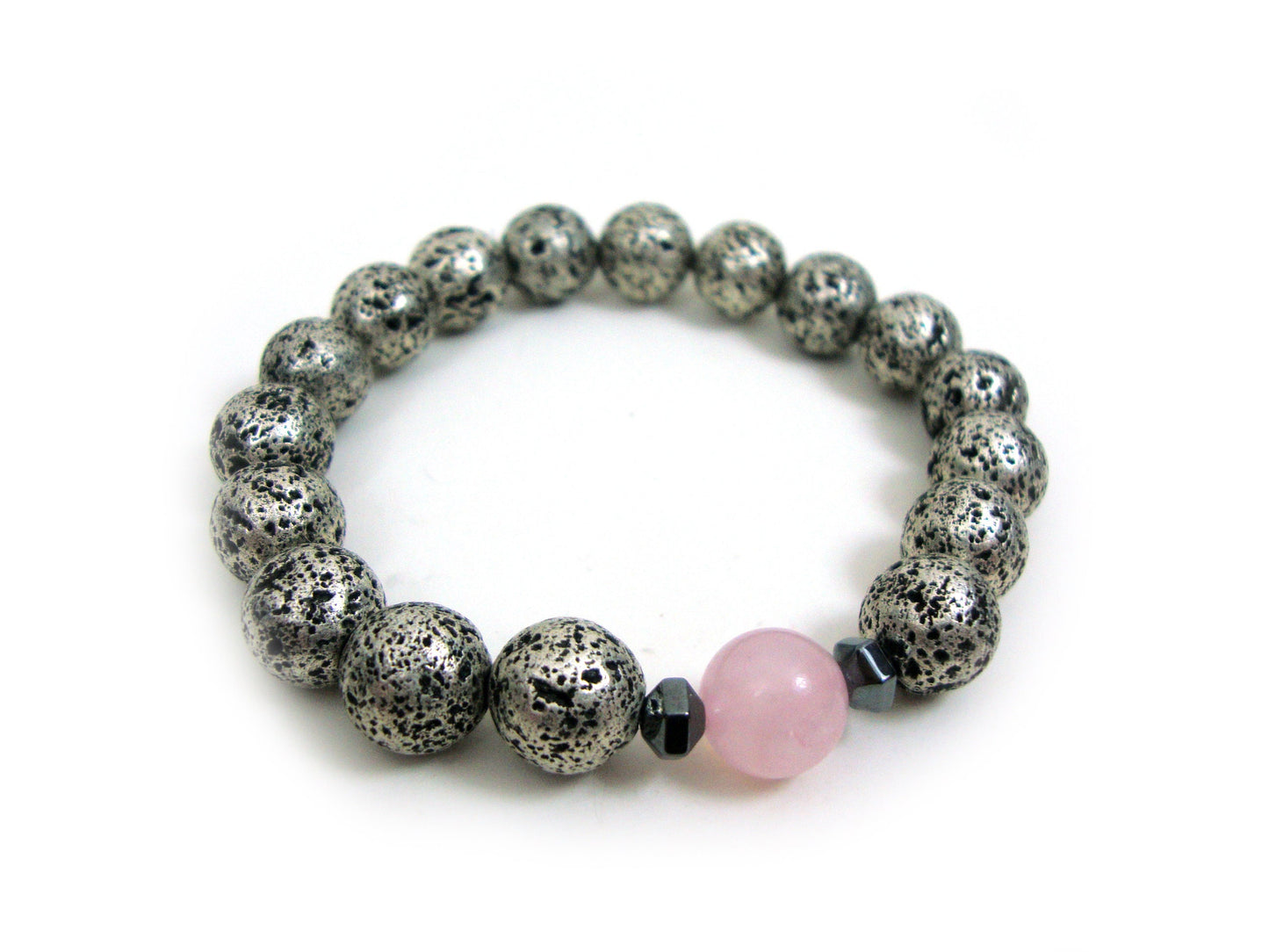 Natural Volcanic Greek Santorini Lava & Rose Quartz Stones 10mm Bracelet, Silver Color Lava Stones, Lava Bracelet, Mens Womens Lava Bracelet