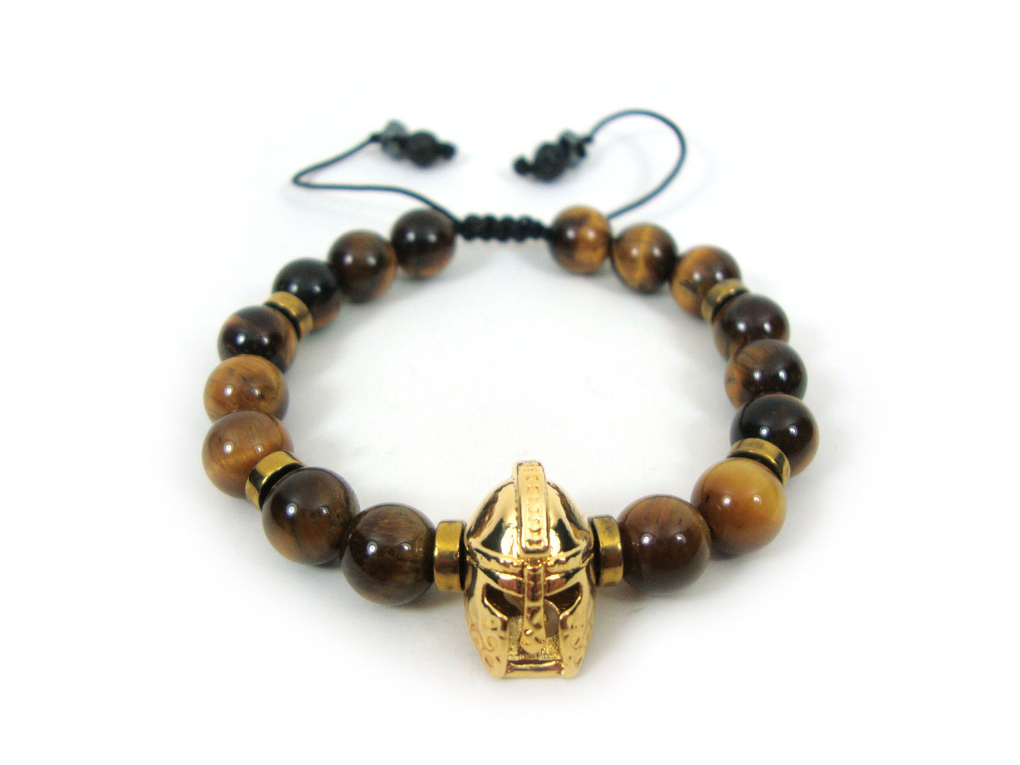 Greek Tiger Eye Spartan Warrior Helmet Gold Plated Adjustable Bracelet, Round Tiger Eye  Stones 8 mm Bracelet, Gladiator Helmet Bracelet