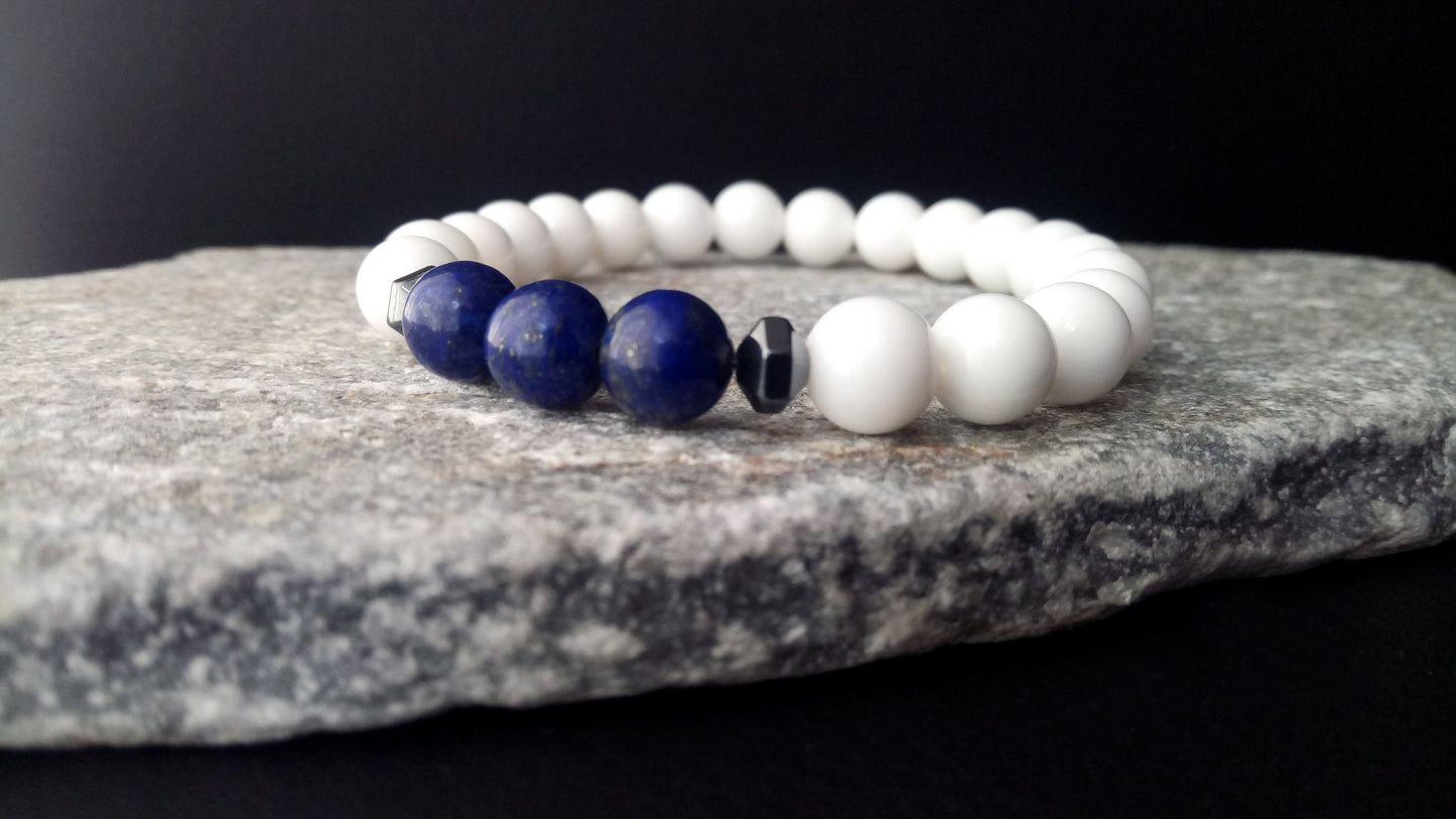 Lapis Lazuli Bracelet, White Onyx & Lapis Lazuli 8mm Stones Stretch Bracelet All Sizes, Lapis Bracelet, Onyx Bracelet, Men Women Onyx Lapis