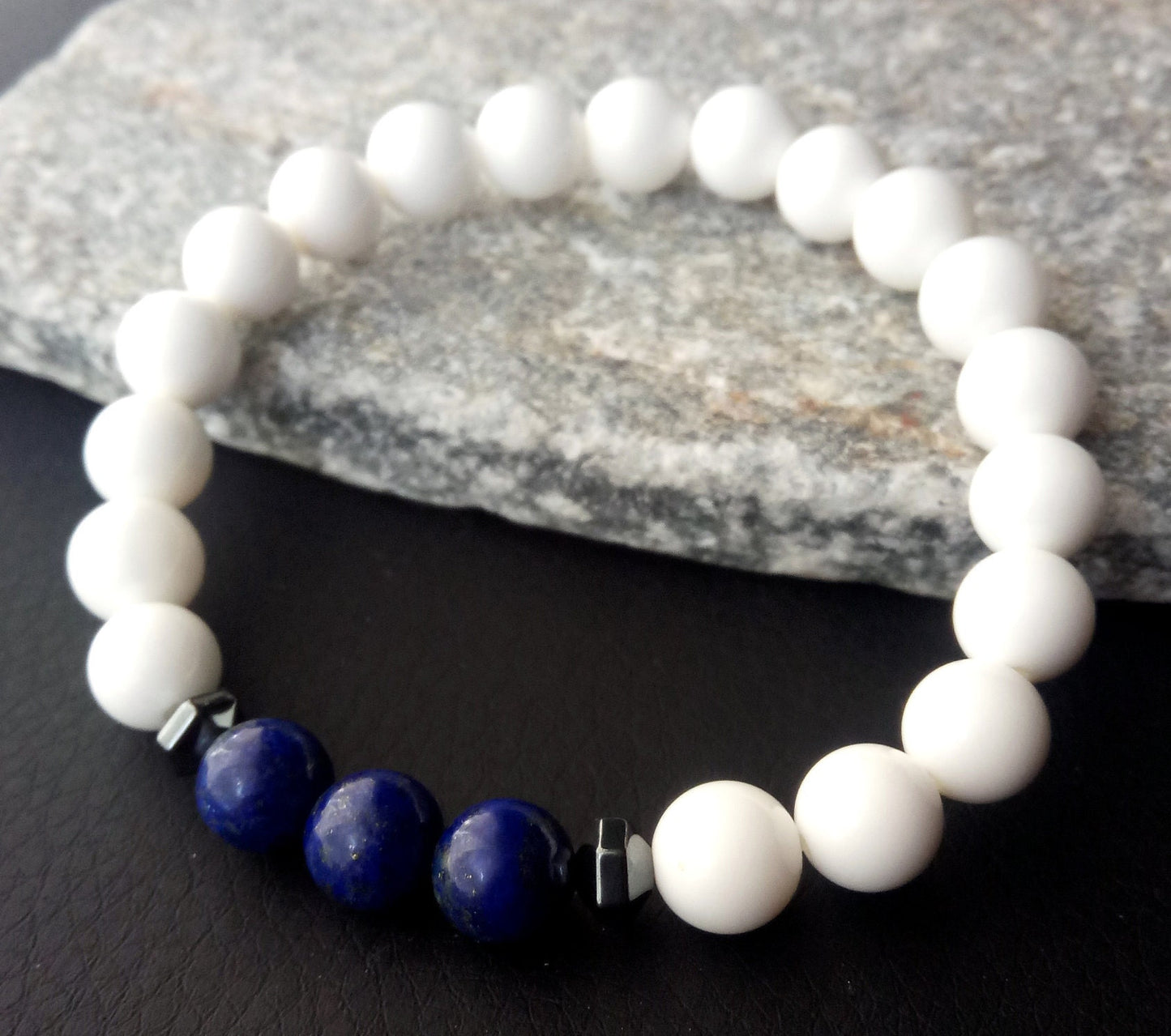 Lapis Lazuli Bracelet, White Onyx & Lapis Lazuli 8mm Stones Stretch Bracelet All Sizes, Lapis Bracelet, Onyx Bracelet, Men Women Onyx Lapis