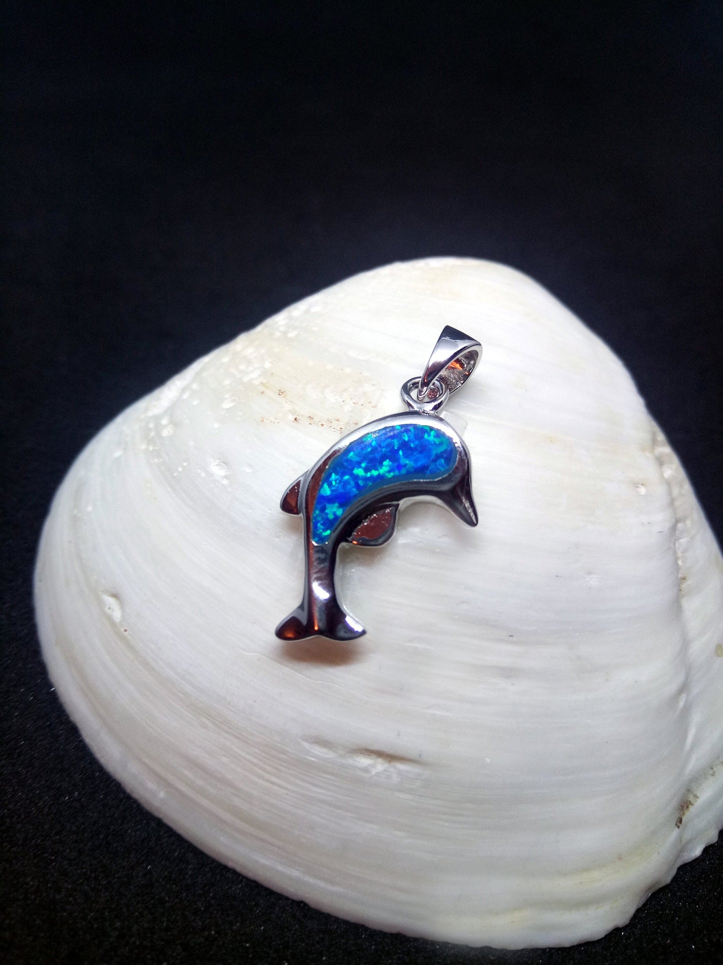 Sterling Silver 925 Greek Dolphin 25x25mm Opal Pendant, Dolphin Fire Opal Silver Pendant, Griechisches Blau Opal Anhanger, Grecque Pendetif