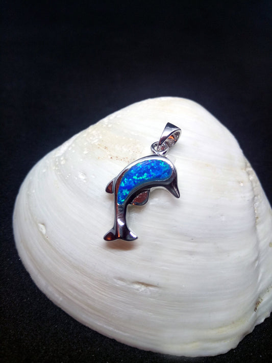 Sterling Silver 925 Greek Dolphin 25x25mm Opal Pendant, Dolphin Fire Opal Silver Pendant, Griechisches Blau Opal Anhanger, Grecque Pendetif