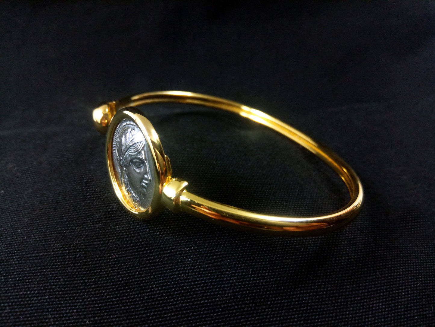 Sterling Silver 925 Goddess Athena Gold Plated Bitone Bangle Greek Coin 21mm Bracelet, Greek Silver Bracelet, Alexander The Great Bracelet