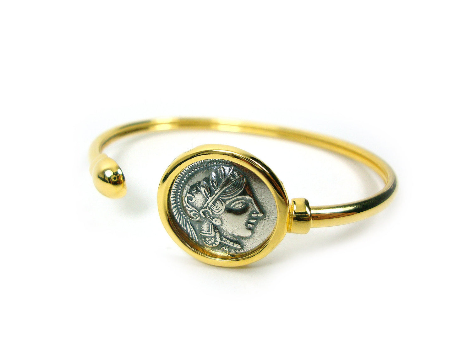 Sterling Silver 925 Ancient Greek Goddess Athena Greek Tetradrachm Coin Gold Plated Bangle Bracelet, Griechisches Armreif, Greek Bracelet