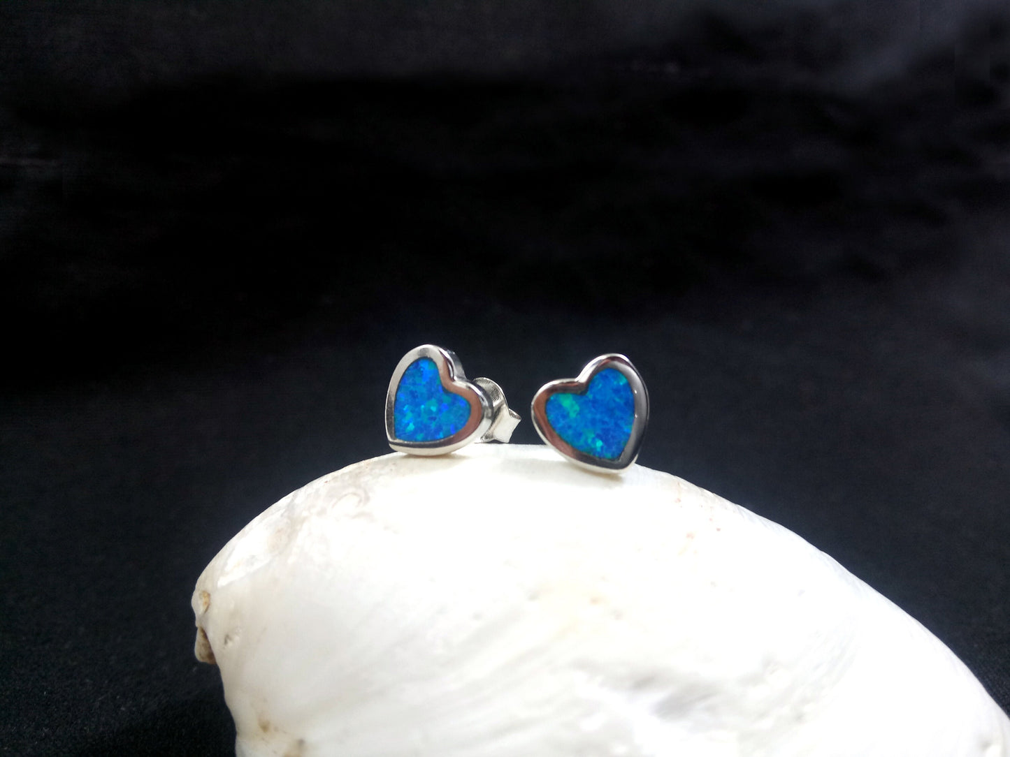 Sterling Silver 925 Hearts Fire Blue Opal Stud Small Earrings 6mm, Opal Hearts Earrings, Greek Kids Women Jewelry, Griechische Ohrringe