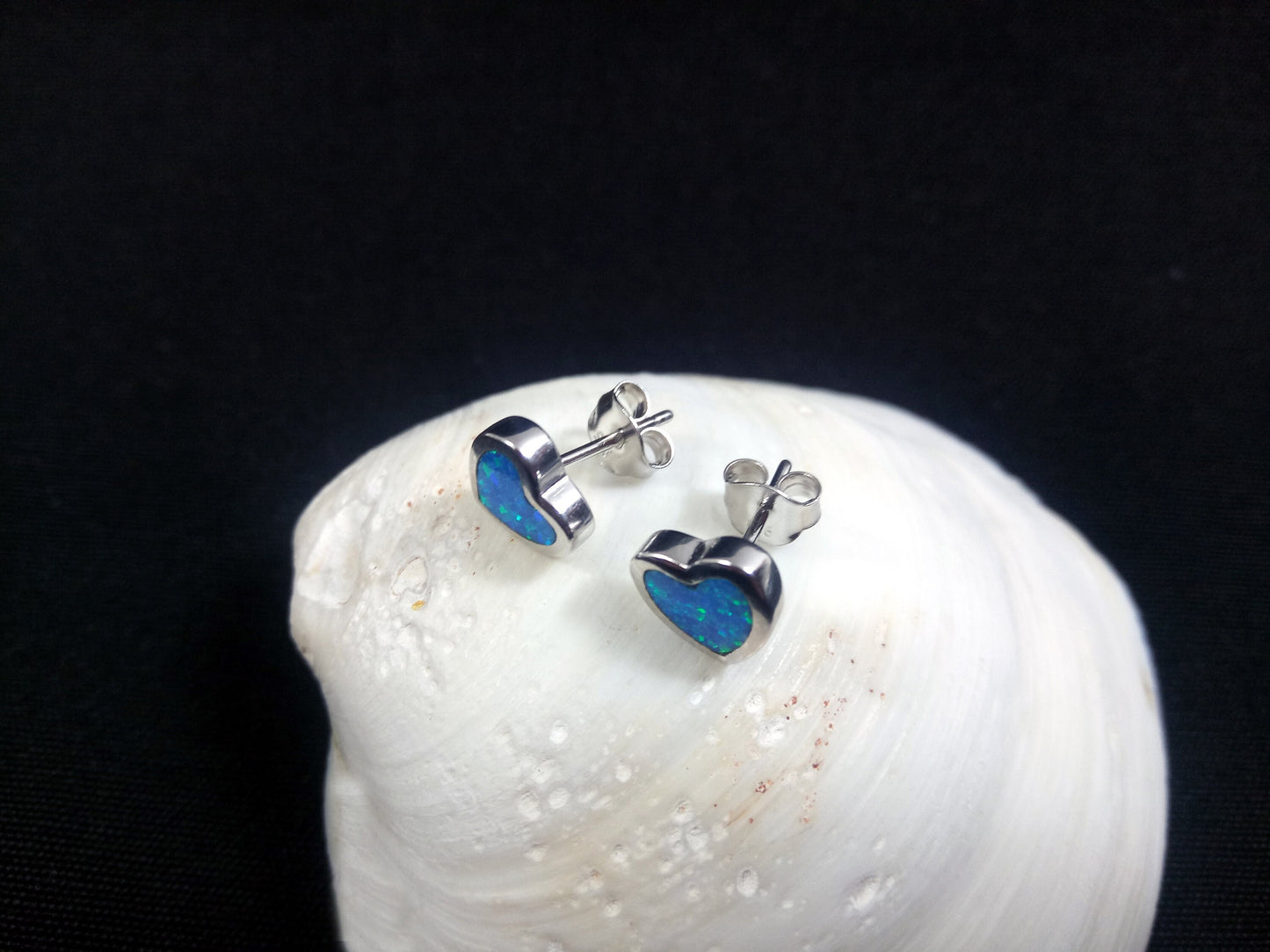 Sterling Silver 925 Hearts Fire Blue Opal Stud Small Earrings 6mm, Opal Hearts Earrings, Greek Kids Women Jewelry, Griechische Ohrringe