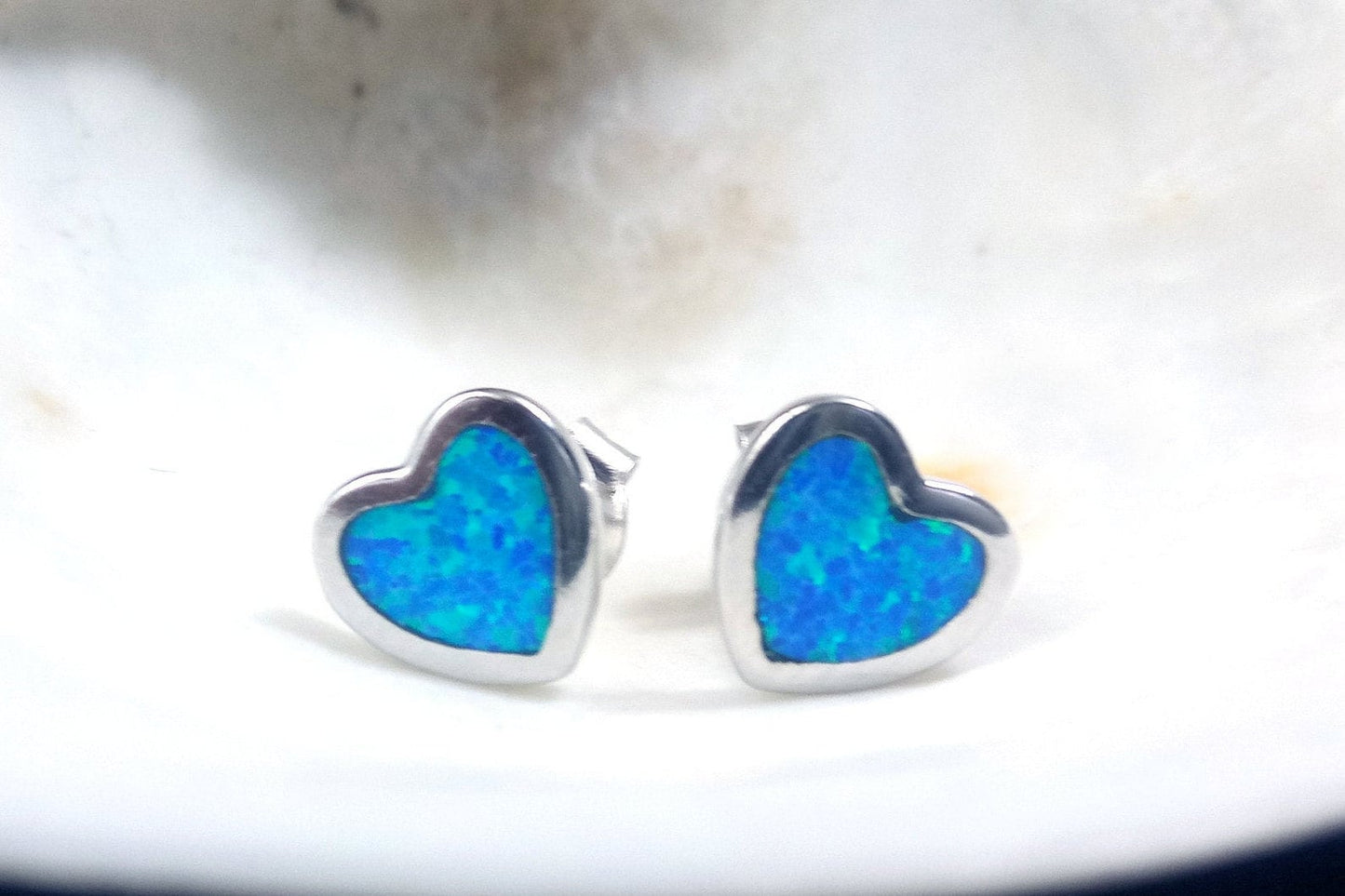 Sterling Silver 925 Hearts Fire Blue Opal Stud Small Earrings 6mm, Opal Hearts Earrings, Greek Kids Women Jewelry, Griechische Ohrringe