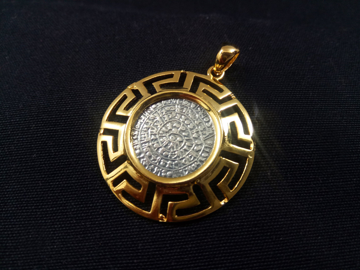 Sterling Silver 925 Meander Greek Key & Phaistos Disc Gold Plated 32mm Pendant, Greek Key Pendant, Griechisches Vergoldete Anhanger Schmuck