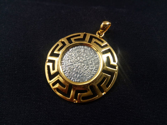 Sterling Silver 925 Meander Greek Key & Phaistos Disc Gold Plated 32mm Pendant, Greek Key Pendant, Griechisches Vergoldete Anhanger Schmuck