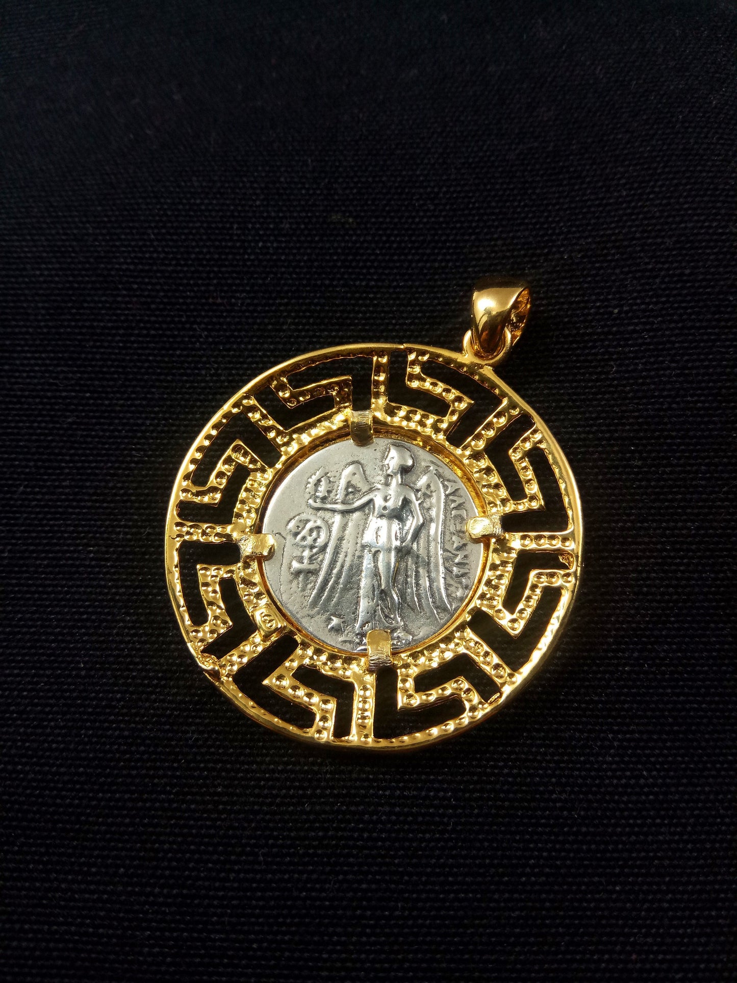 Sterling Silver 925 Meander Greek Key & Goddess Athena Gold Plated 32mm Pendant, Greek Pendant, Griechische Vergoldete Anhanger Schmuck