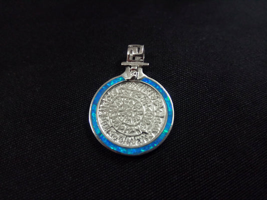 Sterling Silver 925 Phaistos Disc 22mm Fire Blue Opal Greek Pendant, Minoan Silver Opal Pendant, Griechischer Blau Opal Anhanger Schmuck