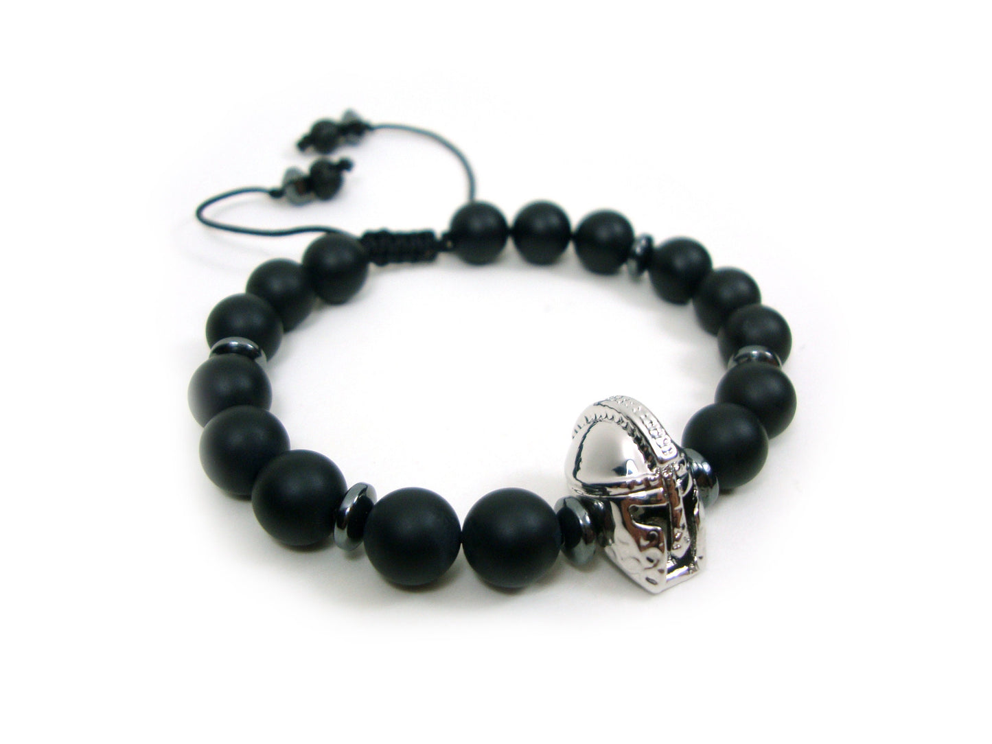 Greek Onyx Spartan Warrior Helmet Adjustable Bracelet, Matt Onyx Black Round Stones 8 mm Bracelet, Gladiator Helmet Adjustable Bracelet