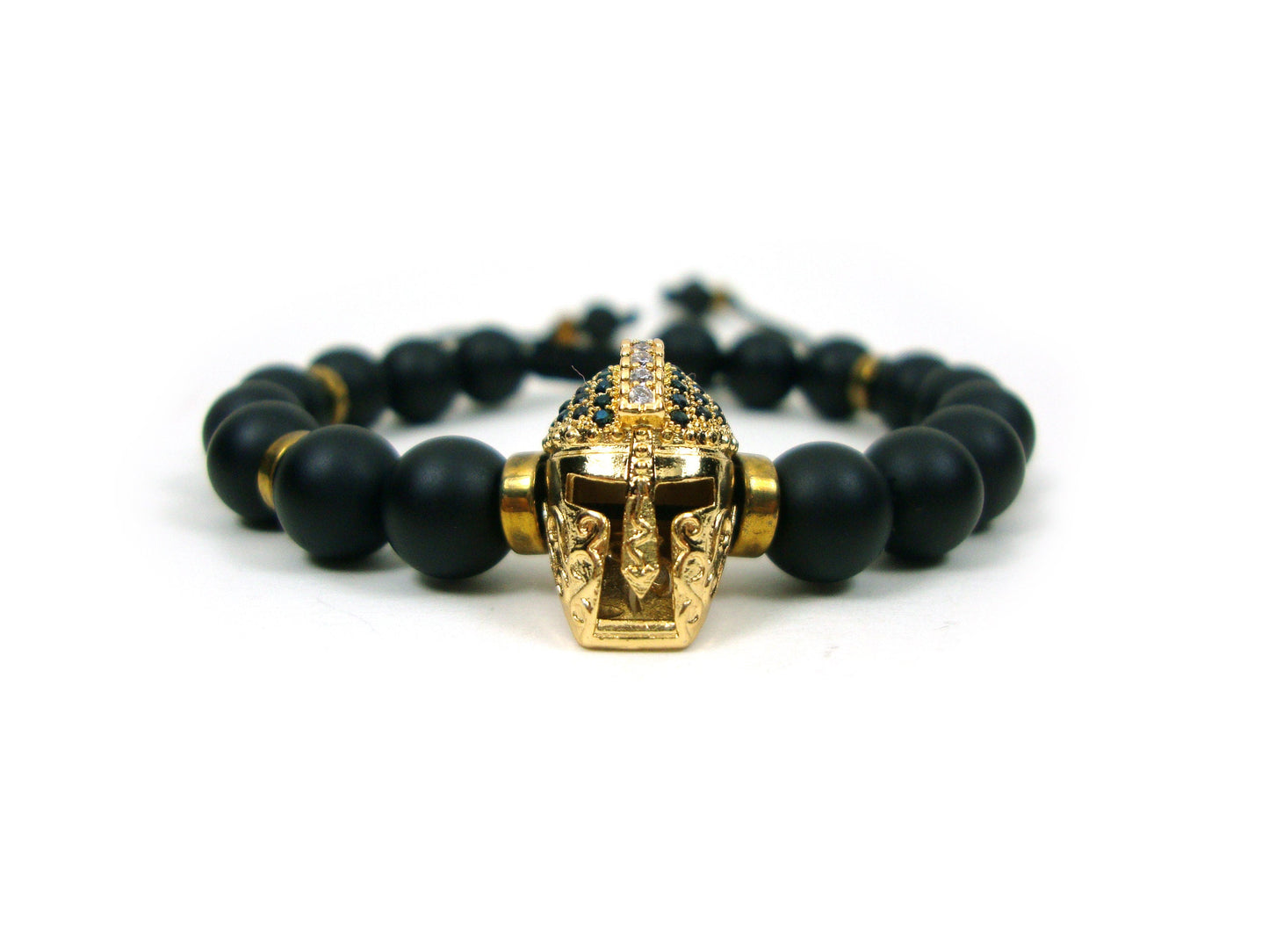 Greek Onyx Spartan Warrior Helmet Gold Plated Adjustable Bracelet, Matt Onyx Black Round Stones 8 mm Bracelet, Gladiator Helmet Bracelet