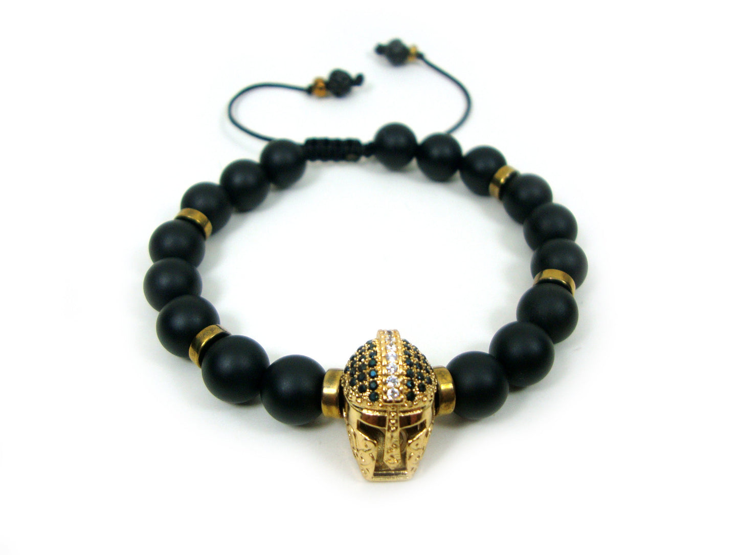 Greek Onyx Spartan Warrior Helmet Gold Plated Adjustable Bracelet, Matt Onyx Black Round Stones 8 mm Bracelet, Gladiator Helmet Bracelet
