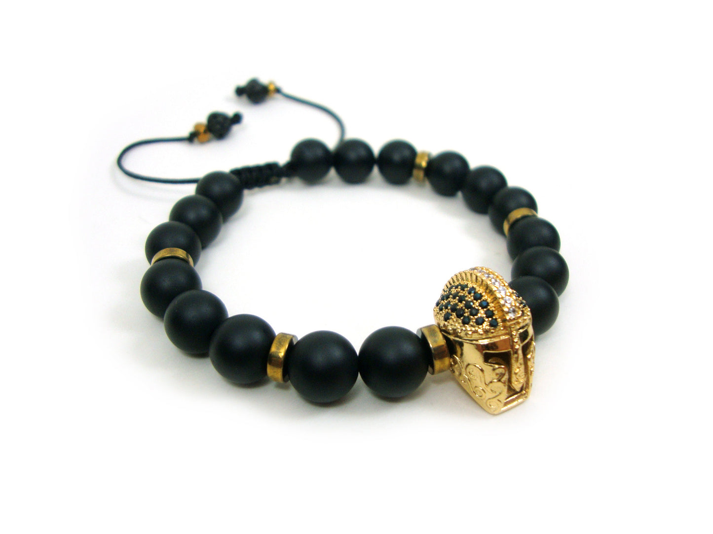 Greek Onyx Spartan Warrior Helmet Gold Plated Adjustable Bracelet, Matt Onyx Black Round Stones 8 mm Bracelet, Gladiator Helmet Bracelet