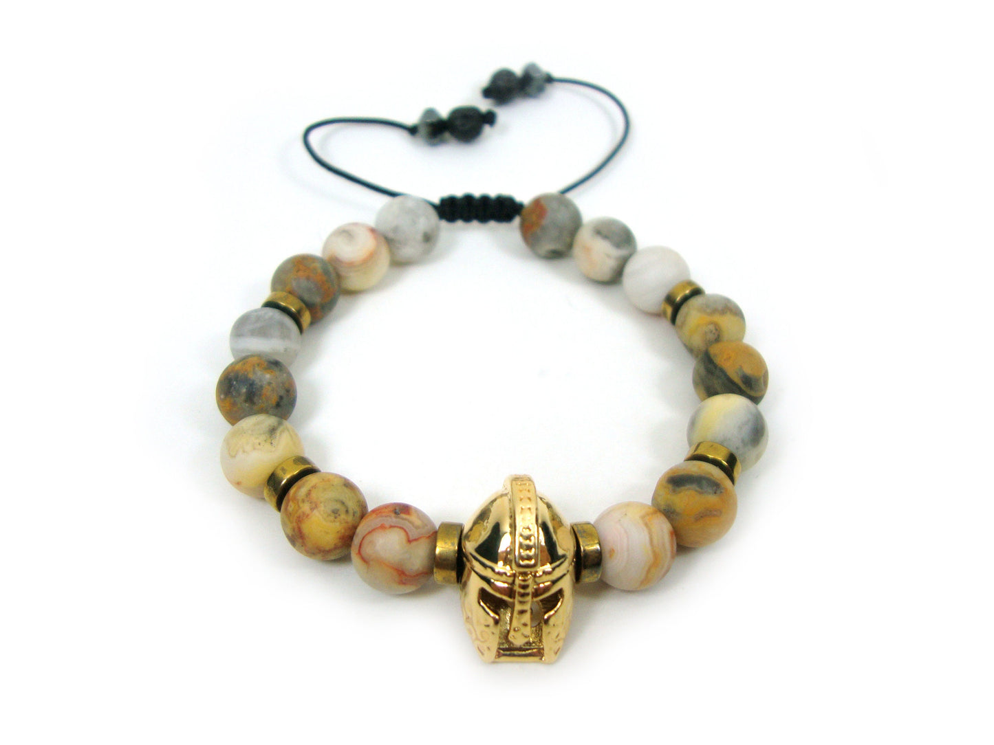 Greek Earth Tone Agate Spartan Warrior Helmet Gold Plated Adjustable Bracelet, Round Agate Stones 8 mm Bracelet, Gladiator Souvenir Bracelet