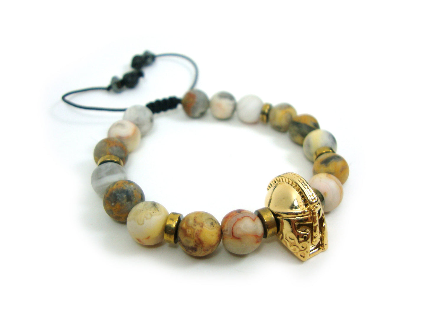 Greek Earth Tone Agate Spartan Warrior Helmet Gold Plated Adjustable Bracelet, Round Agate Stones 8 mm Bracelet, Gladiator Souvenir Bracelet