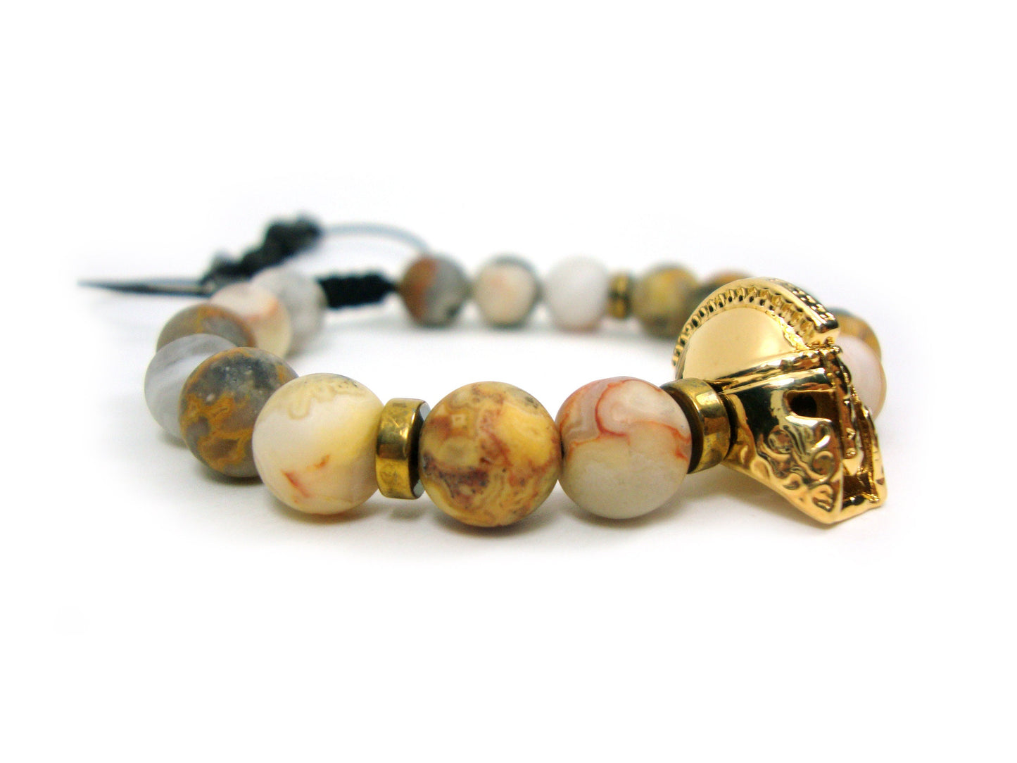Greek Earth Tone Agate Spartan Warrior Helmet Gold Plated Adjustable Bracelet, Round Agate Stones 8 mm Bracelet, Gladiator Souvenir Bracelet