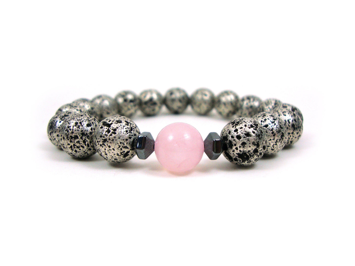 Natural Volcanic Greek Santorini Lava & Rose Quartz Stones 10mm Bracelet, Silver Color Lava Stones, Lava Bracelet, Mens Womens Lava Bracelet