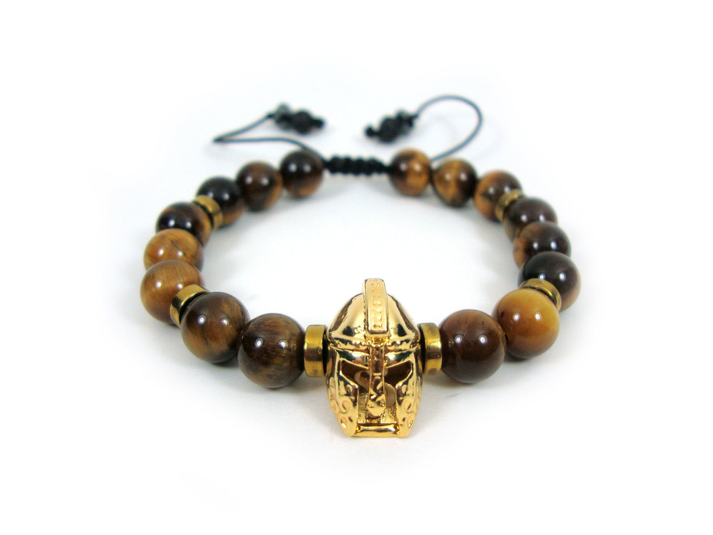 Greek Tiger Eye Spartan Warrior Helmet Gold Plated Adjustable Bracelet, Round Tiger Eye  Stones 8 mm Bracelet, Gladiator Helmet Bracelet