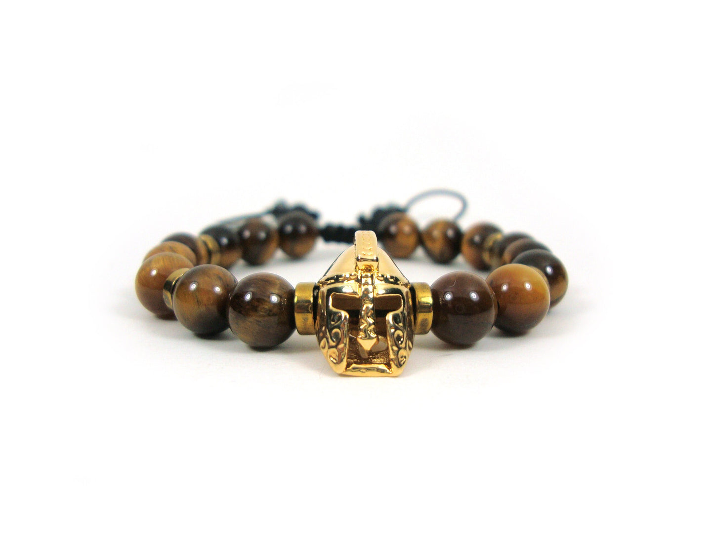 Greek Tiger Eye Spartan Warrior Helmet Gold Plated Adjustable Bracelet, Round Tiger Eye  Stones 8 mm Bracelet, Gladiator Helmet Bracelet