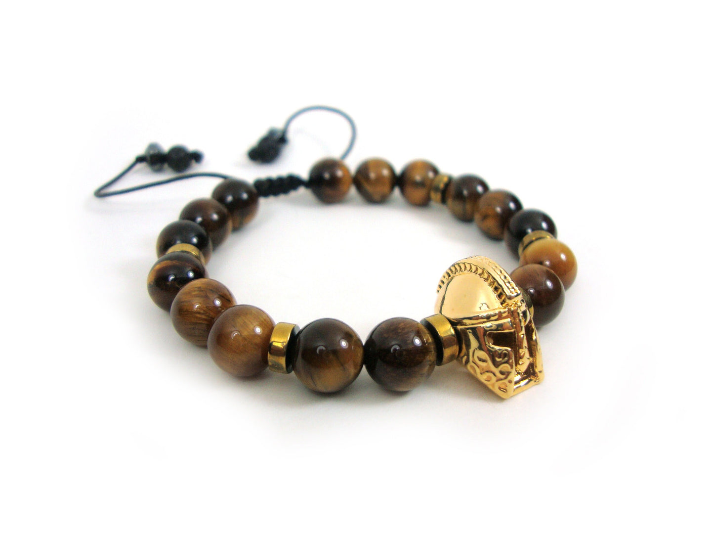 Greek Tiger Eye Spartan Warrior Helmet Gold Plated Adjustable Bracelet, Round Tiger Eye  Stones 8 mm Bracelet, Gladiator Helmet Bracelet