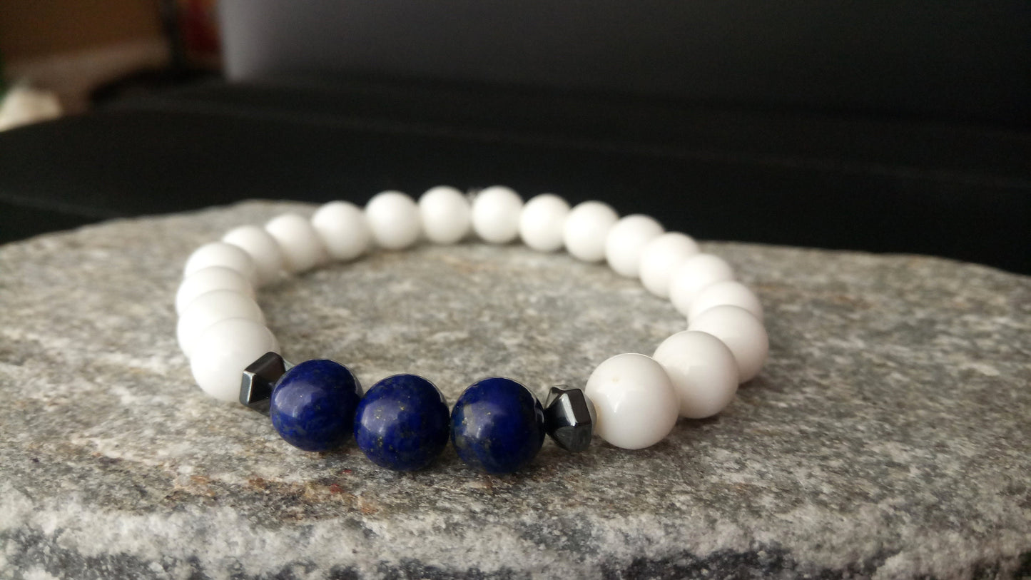 Lapis Lazuli Bracelet, White Onyx & Lapis Lazuli 8mm Stones Stretch Bracelet All Sizes, Lapis Bracelet, Onyx Bracelet, Men Women Onyx Lapis