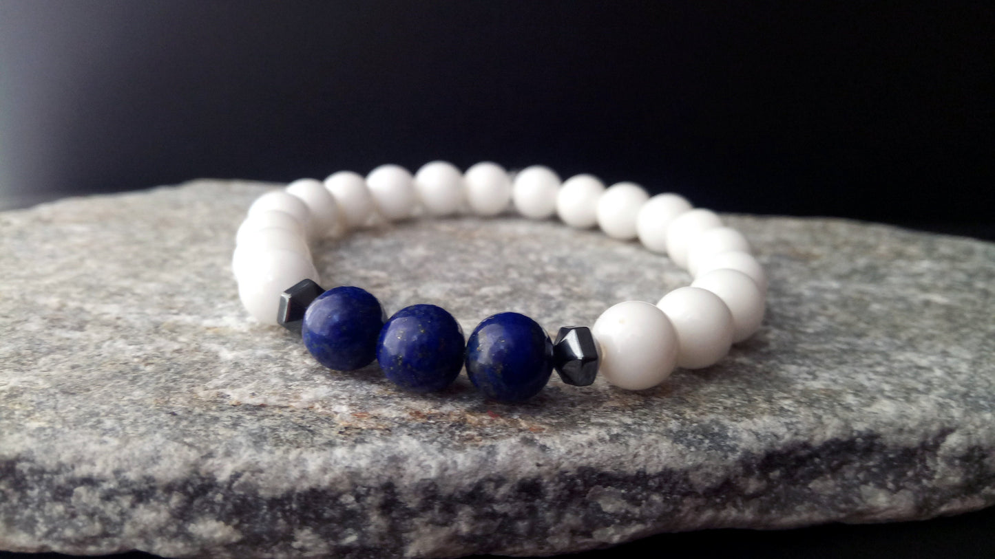 Lapis Lazuli Bracelet, White Onyx & Lapis Lazuli 8mm Stones Stretch Bracelet All Sizes, Lapis Bracelet, Onyx Bracelet, Men Women Onyx Lapis
