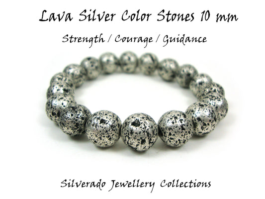 Natural Volcanic Greek Santorini Lava Stones 10mm Greek Island Bracelet, Silver Color Lava Stones, Lava Bracelet, Mens Womens Lava Bracelet