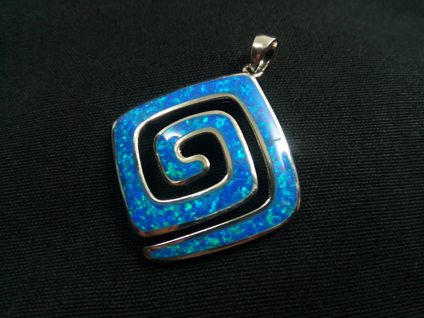 Sterling Silver 925 Greek Spiral Fire Blue Opal Square Pendant 25x25mm, Greek Opal Meander Pendant, Greek Jewelry, Griechischer Opal Schmuck