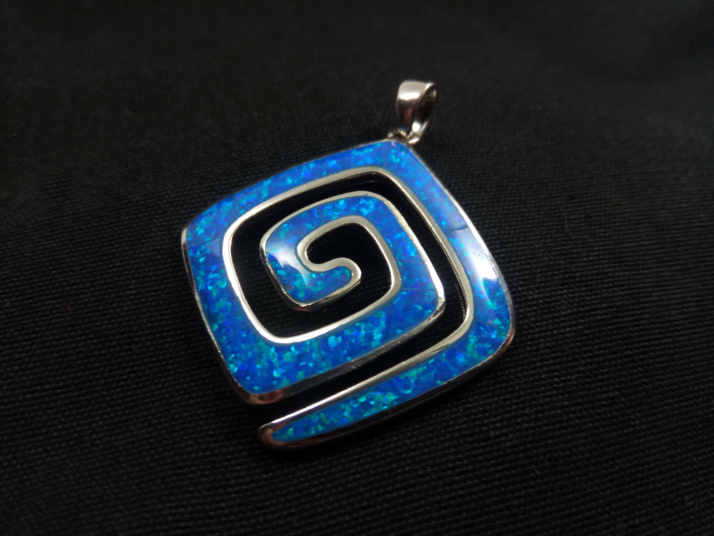 Sterling Silver 925 Greek Spiral Fire Blue Opal Square Pendant 25x25mm, Greek Opal Meander Pendant, Greek Jewelry, Griechischer Opal Schmuck
