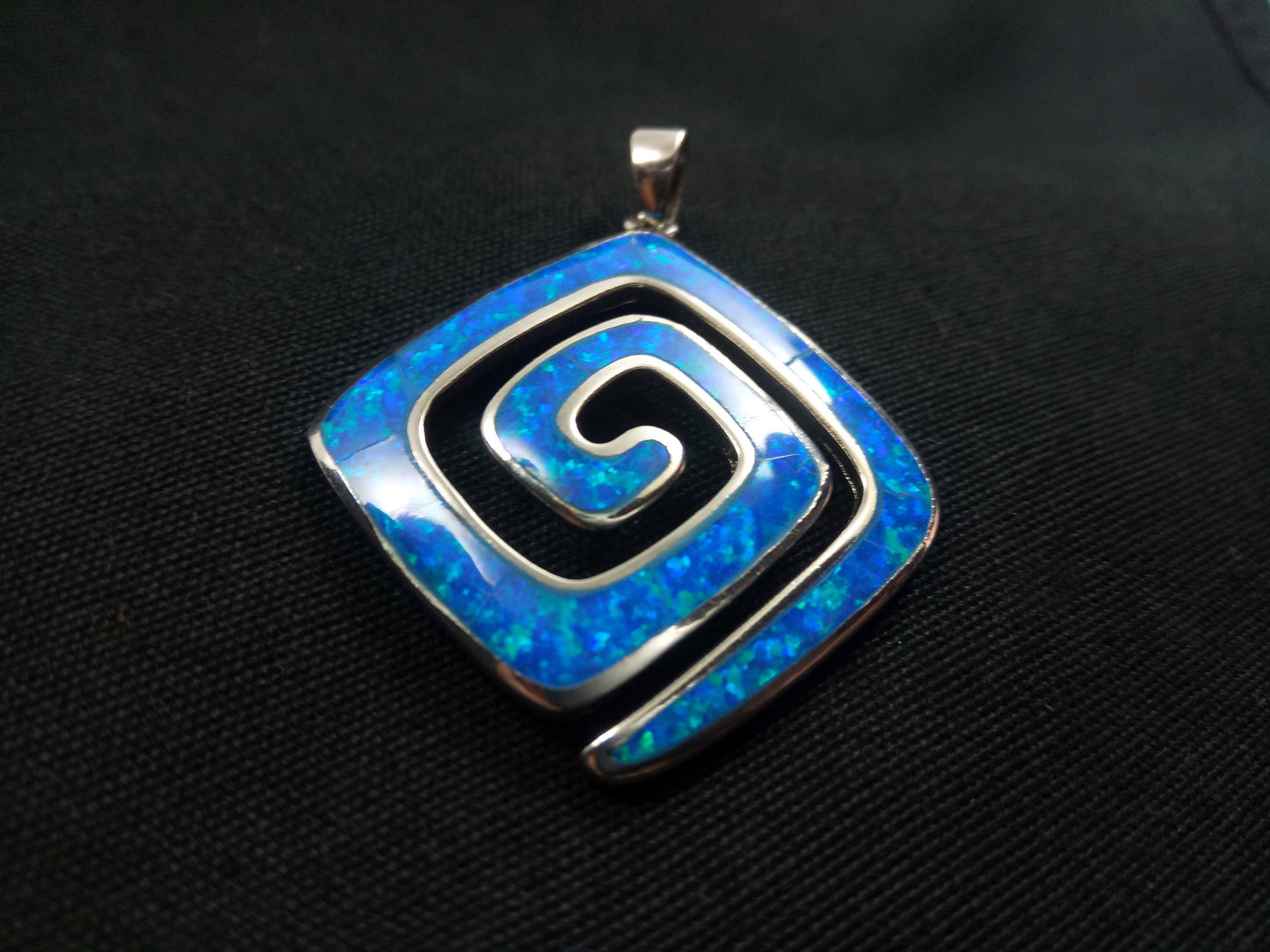 Sterling Silver 925 Greek Spiral Fire Blue Opal Square Pendant 25x25mm, Greek Opal Meander Pendant, Greek Jewelry, Griechischer Opal Schmuck