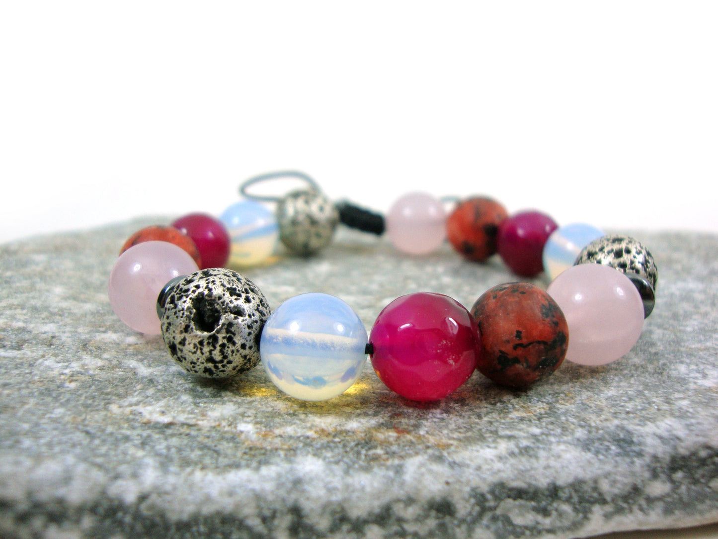 Natural Lava-Ruby Agate-Moonstone-Pink Quartz-Red Jasper 10mm Gemstone Bracelet, Men Women Unisex Bracelet, Gemstone Adjustable Bracelet