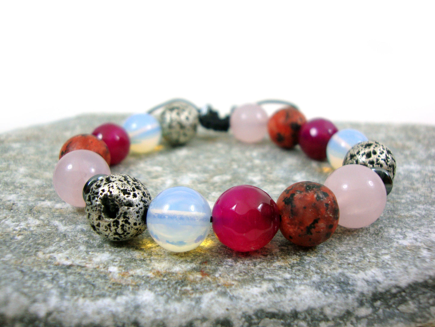 Natural Lava-Ruby Agate-Moonstone-Pink Quartz-Red Jasper 10mm Gemstone Bracelet, Men Women Unisex Bracelet, Gemstone Adjustable Bracelet