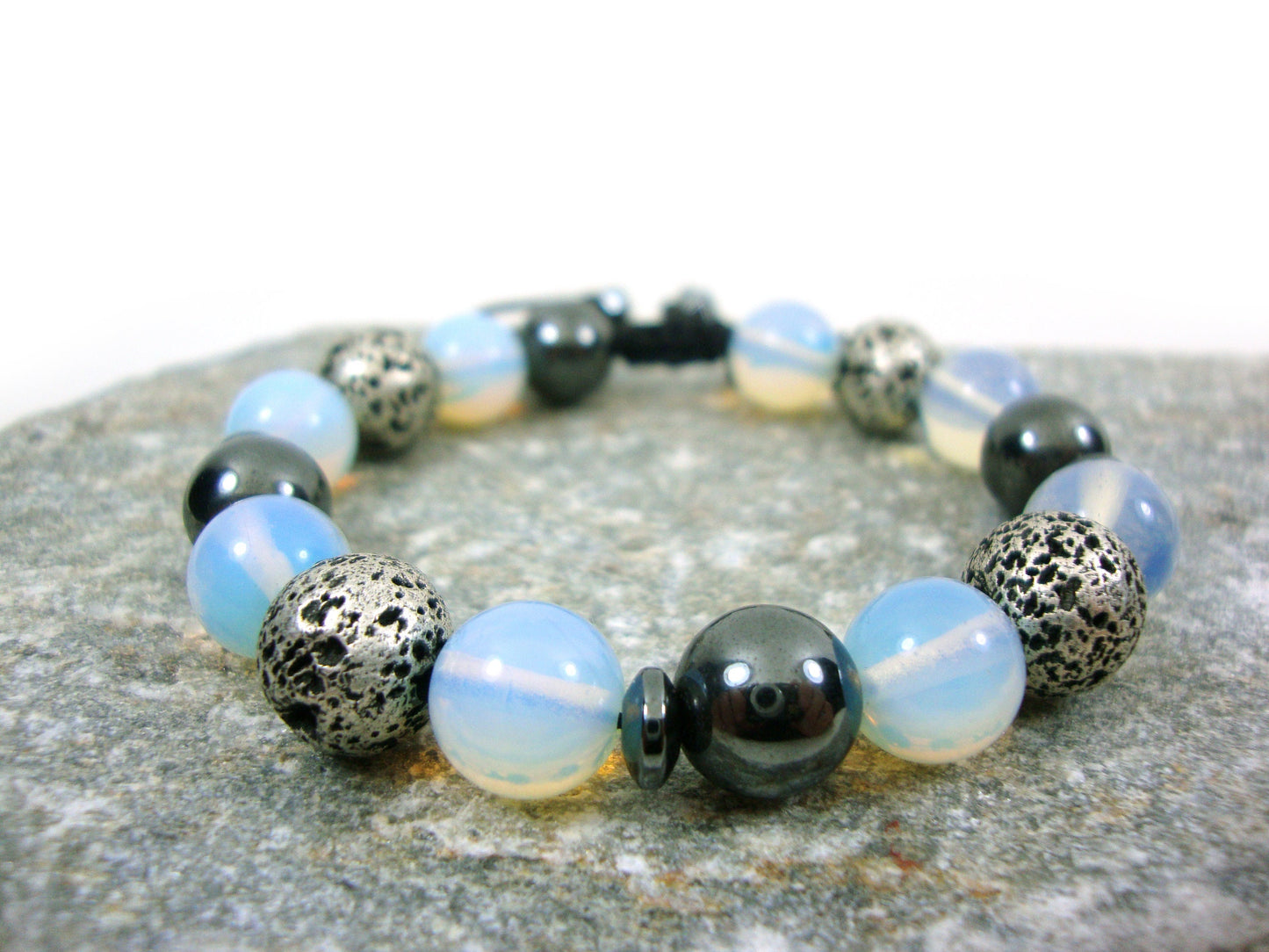 Natural Silver Color Volcanic Lava - Moonstone - Hematite 10mm Gemstone Bracelet, Men Women Unisex Bracelet, Gemstone Adjustable Bracelet