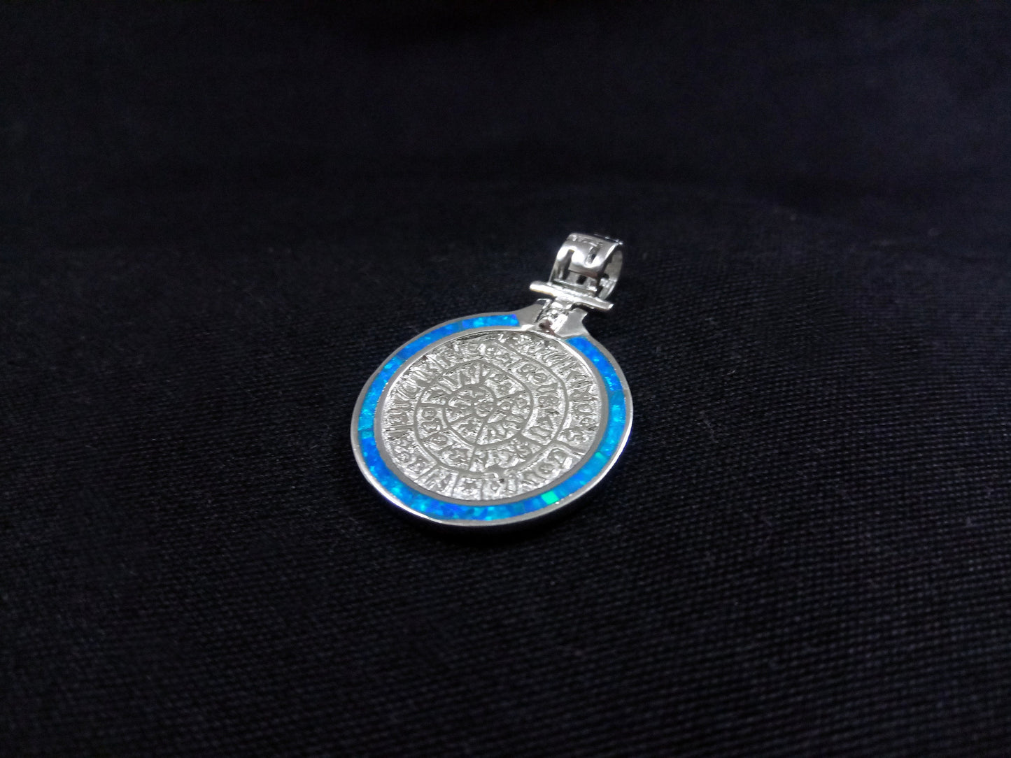 Sterling Silver 925 Phaistos Disc 22mm Fire Blue Opal Greek Pendant, Minoan Silver Opal Pendant, Griechischer Blau Opal Anhanger Schmuck