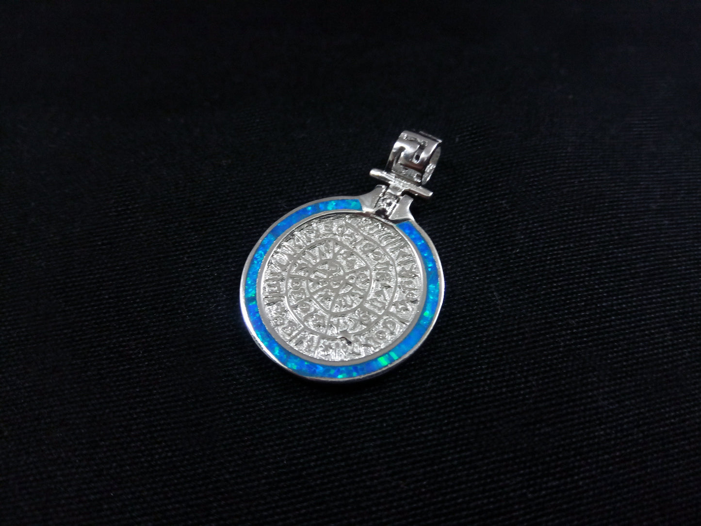 Sterling Silver 925 Phaistos Disc 22mm Fire Blue Opal Greek Pendant, Minoan Silver Opal Pendant, Griechischer Blau Opal Anhanger Schmuck