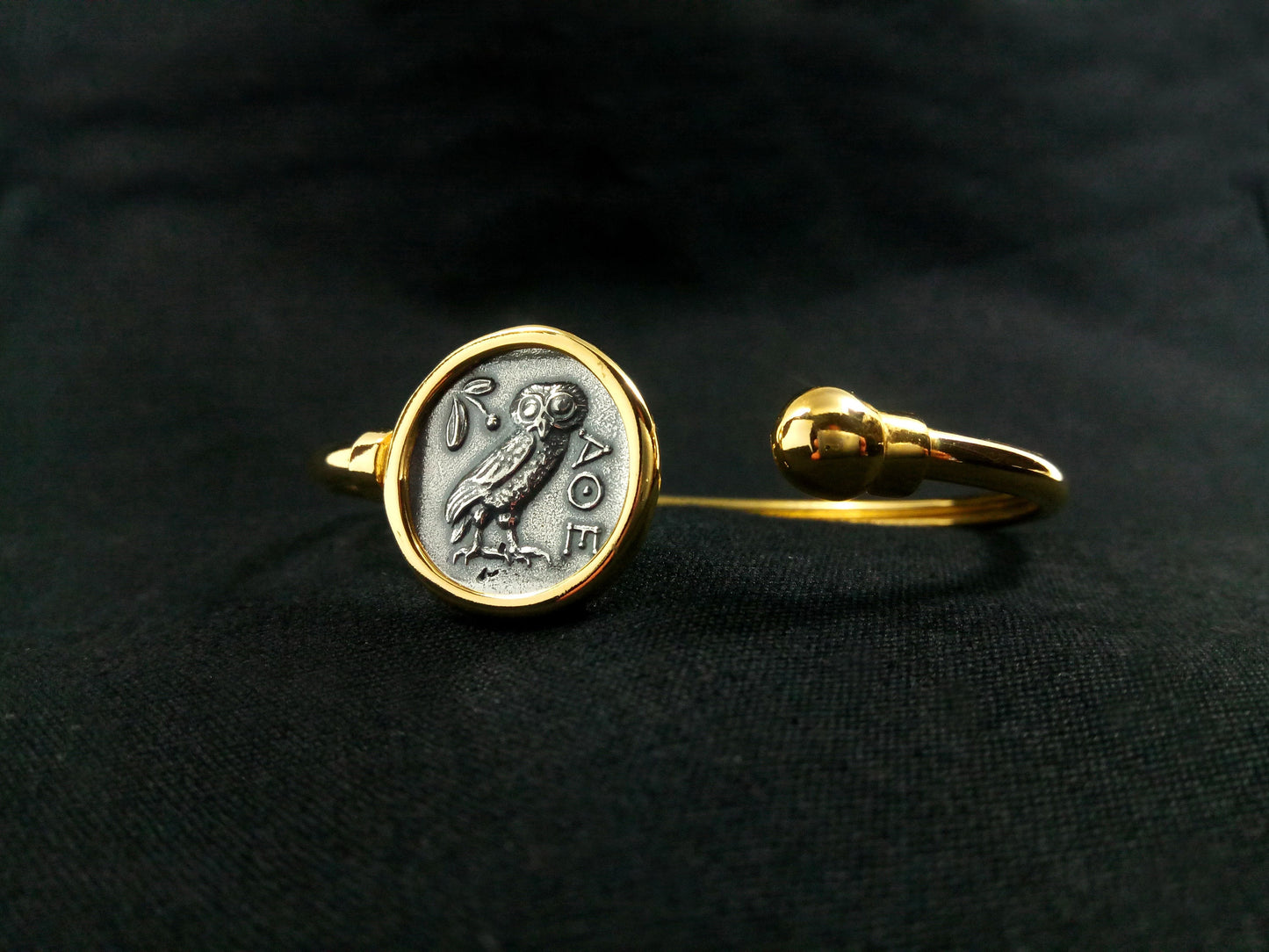 Sterling Silver 925 Owl Goddess Athena Gold Plated Bangle Greek Coin 21mm Bracelet, Greek Silver Bracelet, Alexander The Great Bracelet