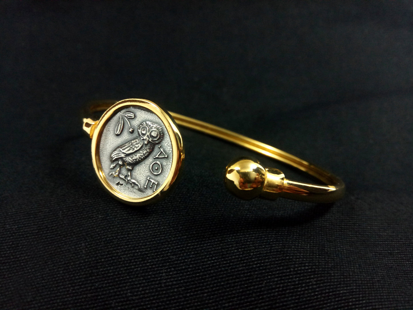 Sterling Silver 925 Owl Goddess Athena Gold Plated Bangle Greek Coin 21mm Bracelet, Greek Silver Bracelet, Alexander The Great Bracelet