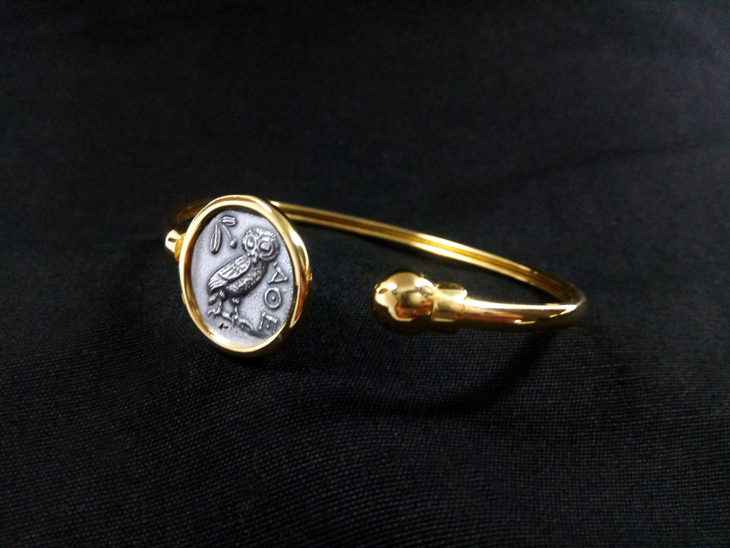 Sterling Silver 925 Owl Goddess Athena Gold Plated Bangle Greek Coin 21mm Bracelet, Greek Silver Bracelet, Alexander The Great Bracelet