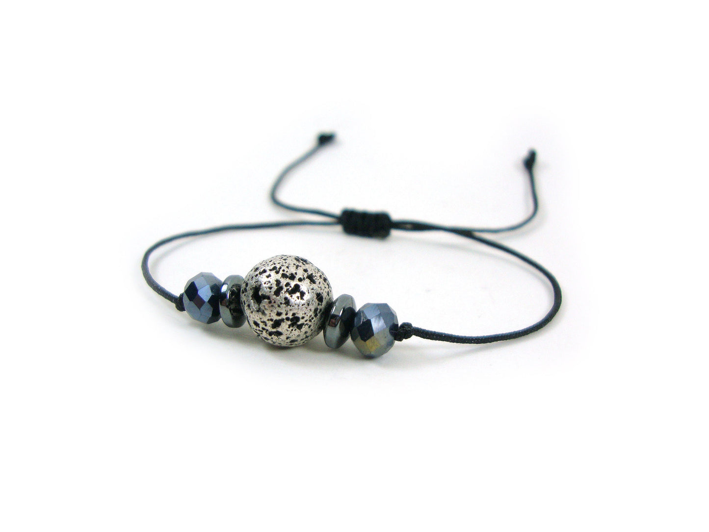 Volcanic Silver Color Lava & Crystal Stones Adjustable Bracelet, Men Women Unisex Bracelet, Meditation Relaxing Greek Lava Bracelet Gift