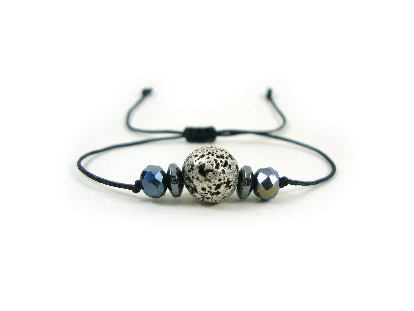 Volcanic Silver Color Lava & Crystal Stones Adjustable Bracelet, Men Women Unisex Bracelet, Meditation Relaxing Greek Lava Bracelet Gift