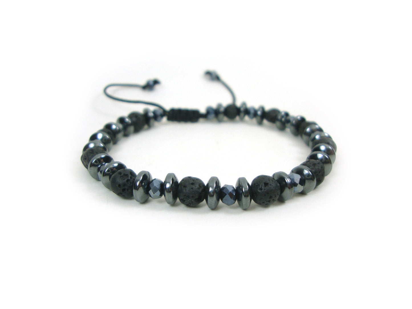 Volcanic Lava 6mm & Black Crystal 4mm Stones Gemstone Adjustable Bracelet, Men Women Unisex Bracelet, Black Round Lava Boho Macrame Bracelet