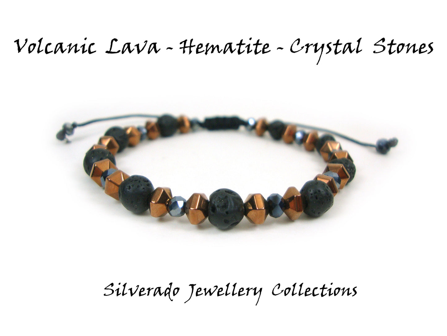 Volcanic Lava - Crystal - Hematite Stones Gemstone Adjustable Bracelet, Men Women Unisex Bracelet, Black Round Lava Boho Macrame Bracelet
